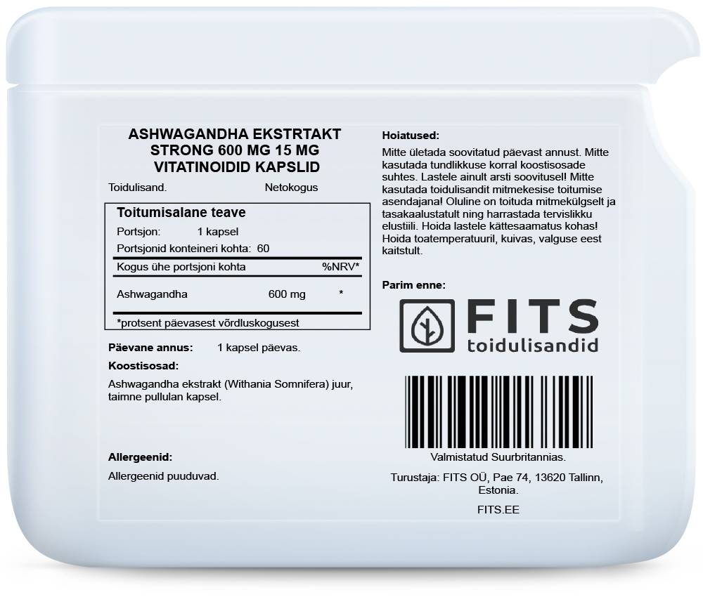 Ashwagandha Extract Strong 600mg 15mg vitatinoids Kapseln