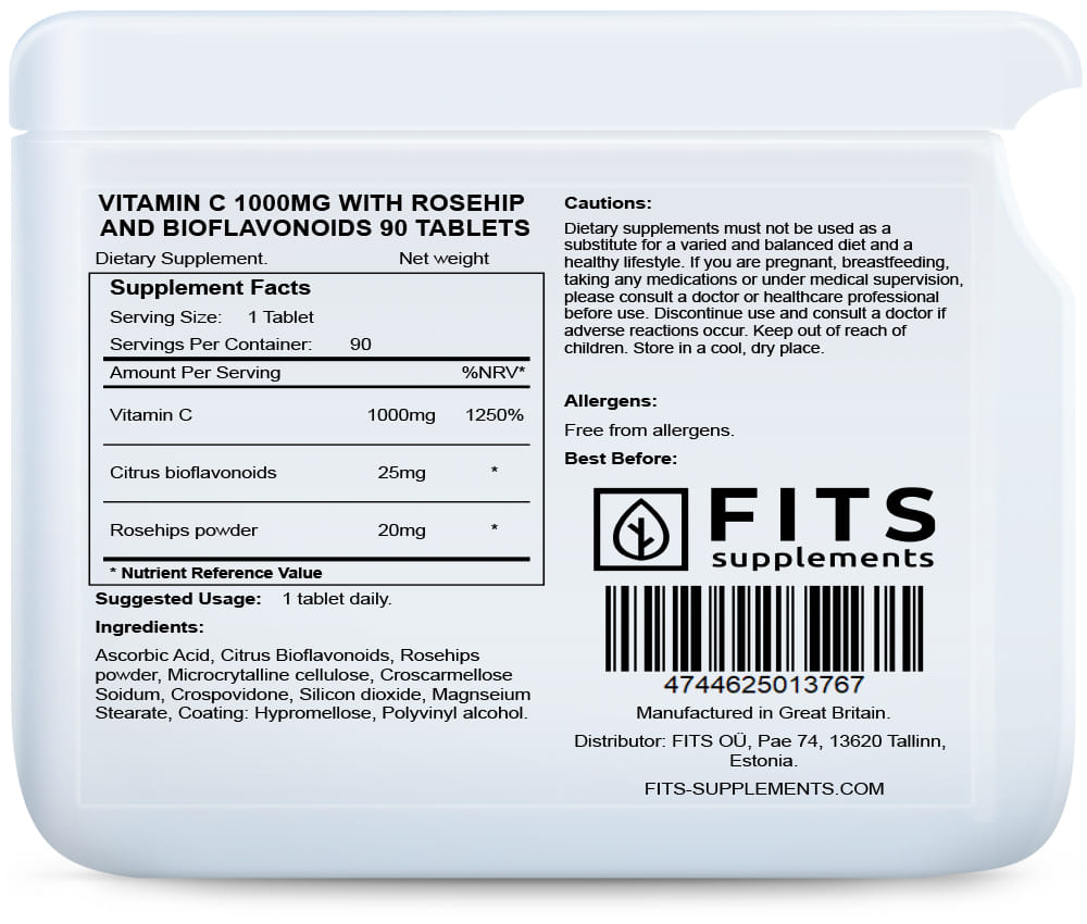 Vitamin C 1000 mg mit Hagebutte und Bioflavonoiden 90 Tabletten